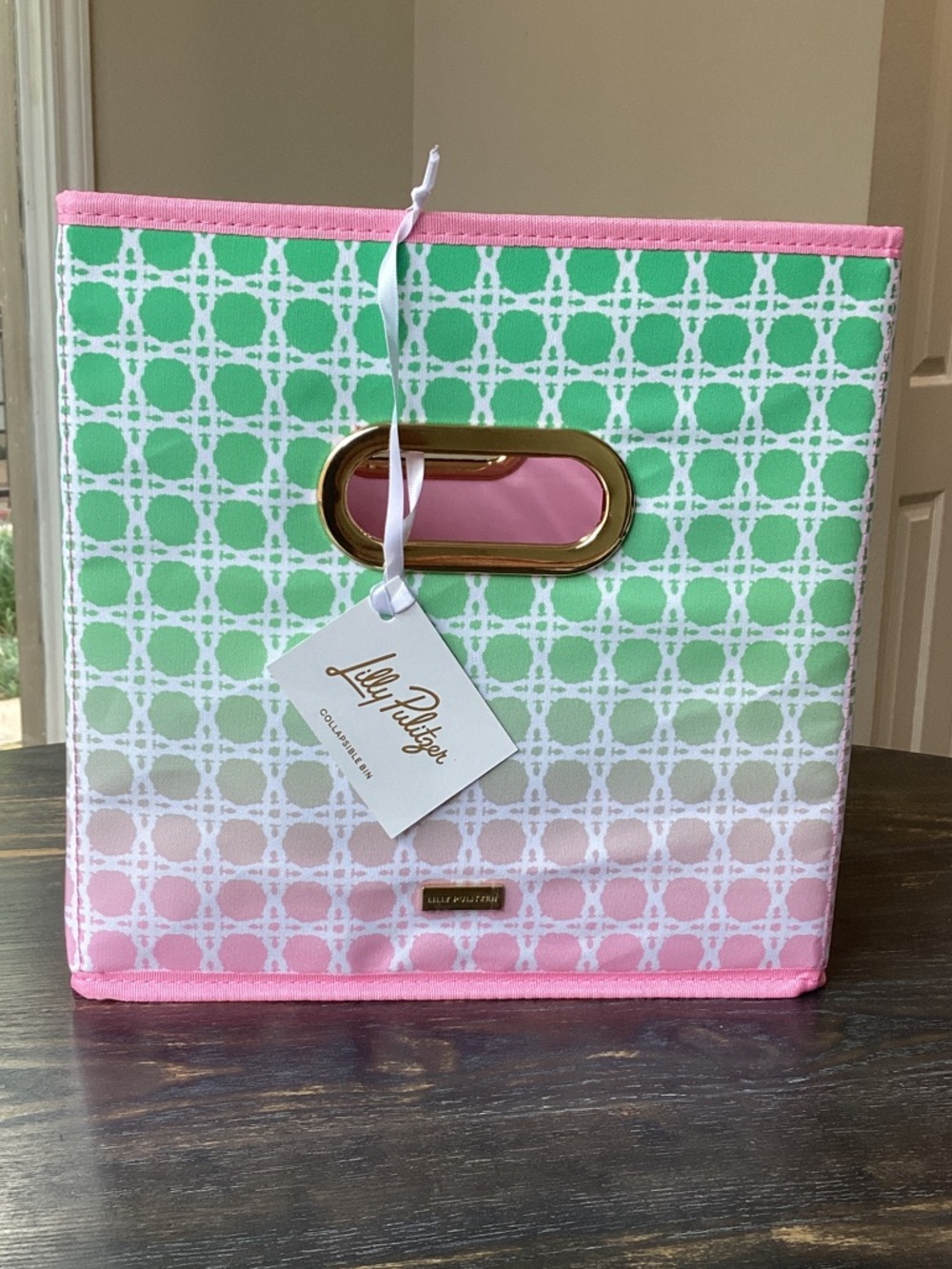 Lilly Pulitzer Pink & Green Ombe Caning Small Collapsible Storage Bin